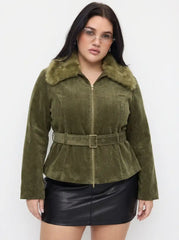 Corduroy Faux Fur Trim Collar Jacket With Belt Curve & Plus