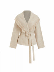 Fringed Wool-blend Knit Wrap Cardigan With Belt