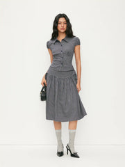 Gingham Top & Low Rise Drawstring Ruched Midi Skirt Set