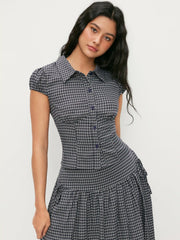 Gingham Top & Low Rise Drawstring Ruched Midi Skirt Set
