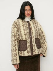 Fleece Pattern Two Tone Oversized Jacket With Quilted Patched Pocket