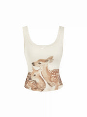 Deer Graphic Square Neck Cropped Tank Top & Mid Rise Drawstring Straight Leg Trousers Loungewear Set