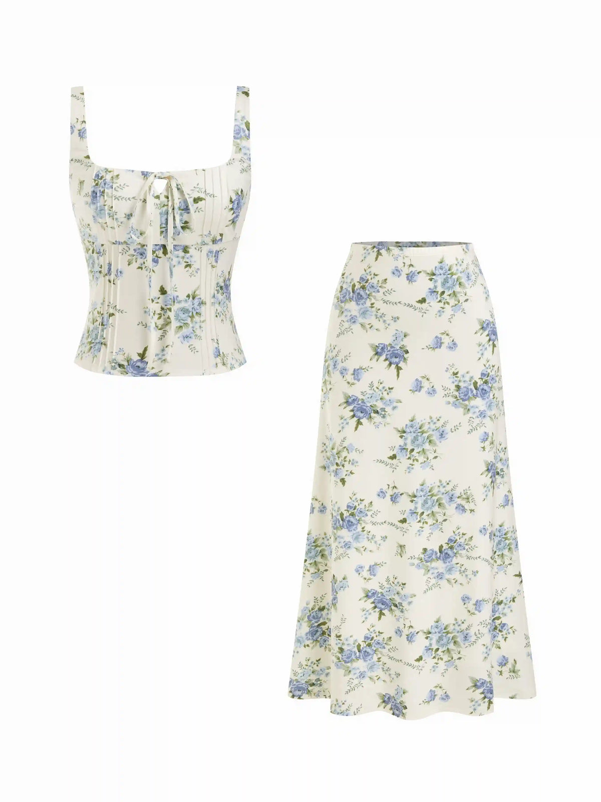 Floral Square Neck Drawstring Tank Top & Mid Rise Maxi Skirt Set