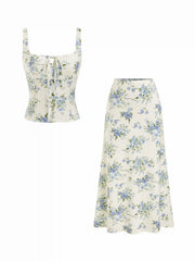 Floral Square Neck Drawstring Tank Top & Mid Rise Maxi Skirt Set