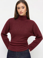 Knit Turtleneck Long Sleeve Button Side Ruched Cinched Waist Top