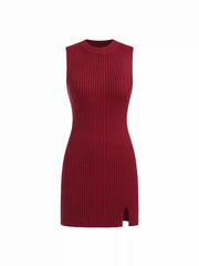 Knit Round Neckline Solid Split Mini Dress