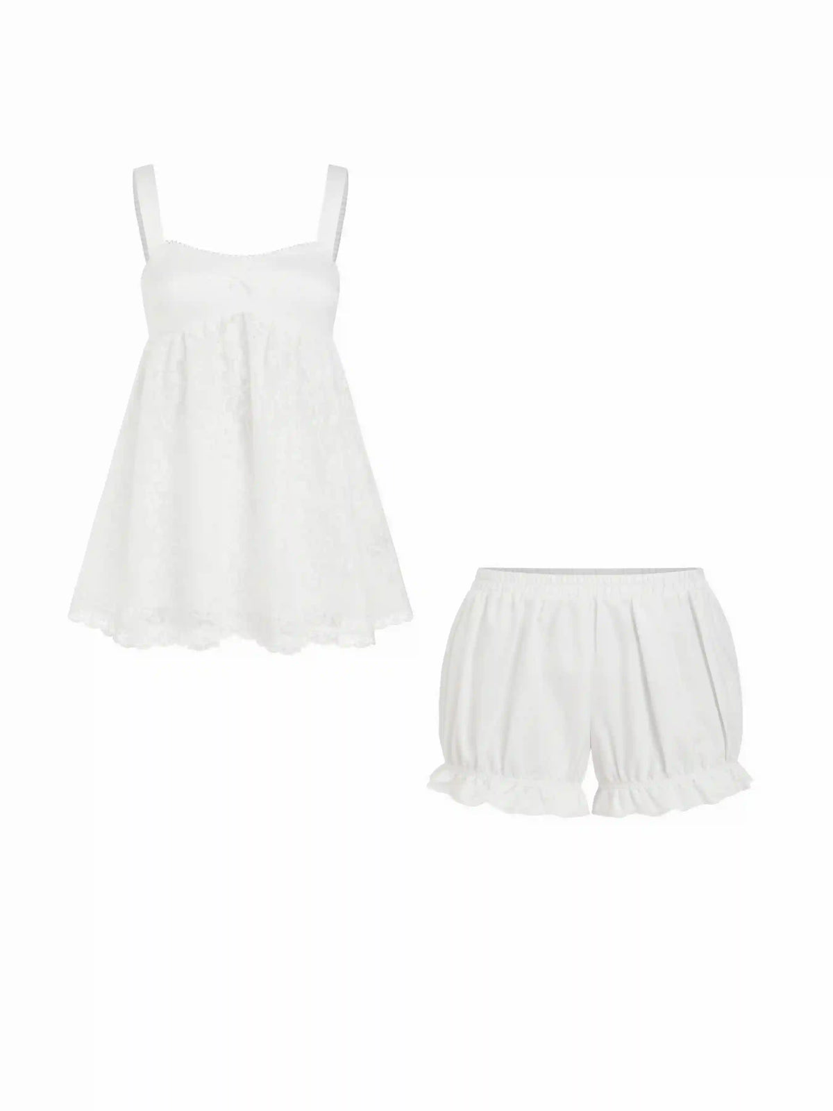 Square Neck Lace Bowknot Oversized Top & Mid Rise Ruffled Shorts Set