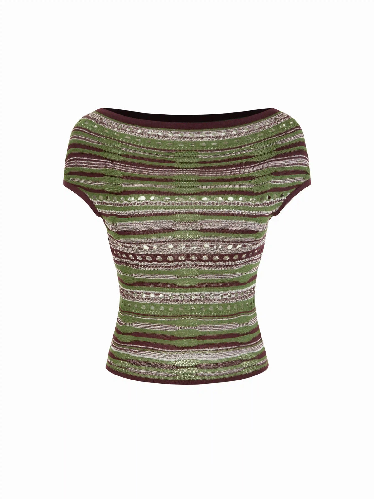 Knit Striped Pointelle Off-Shoulder Short Sleeve Top