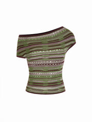 Knit Striped Pointelle Off-Shoulder Short Sleeve Top