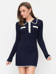 Knit Polo Collar Contrasting Binding Mini Dress