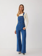 Stretch Denim Buckle Up Flared Jumpsuit