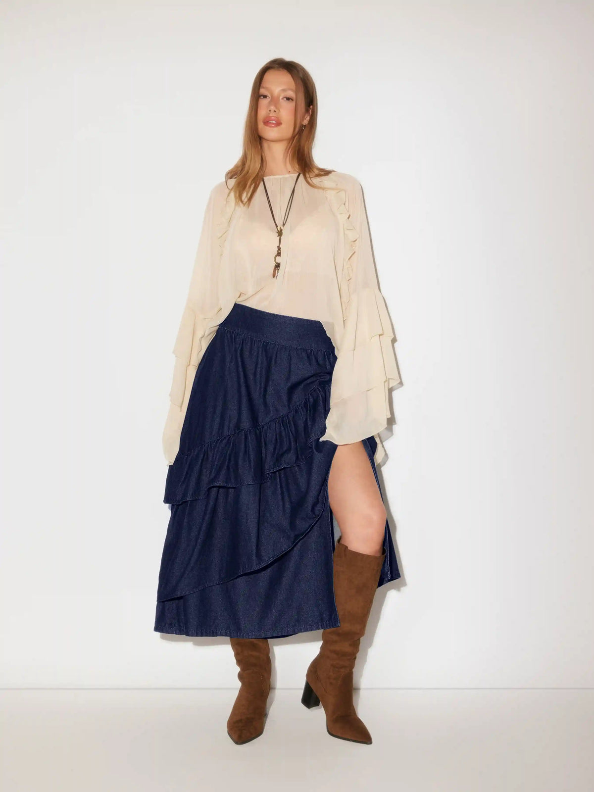 Washed Denim Mid Rise Ruffled Layered Split Maxi Flared Skirt