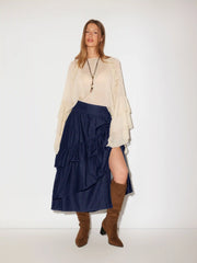 Washed Denim Mid Rise Ruffled Layered Split Maxi Flared Skirt