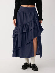 Washed Denim Mid Rise Ruffled Layered Split Maxi Flared Skirt