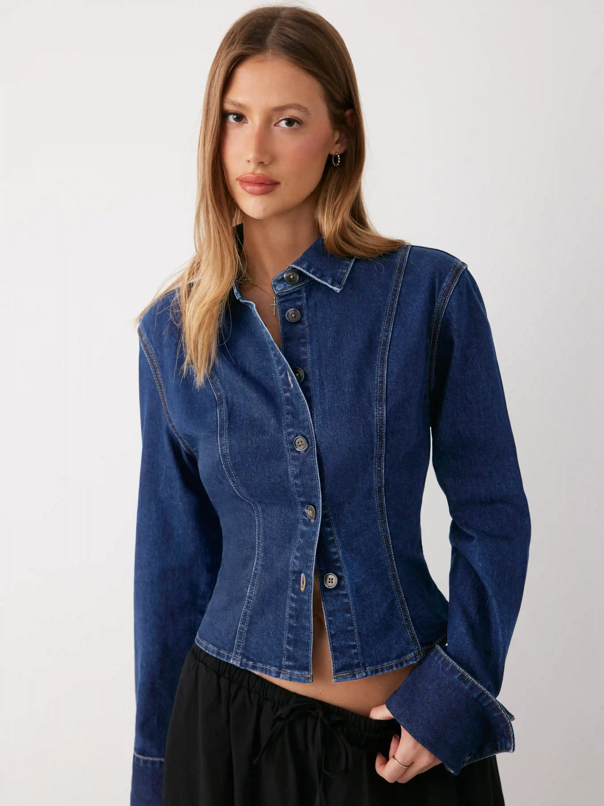 Washed Denim Collar Button Front Blouse