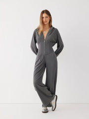 Jersey Hooded Cinched Waist Zipper Jumpsuit