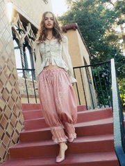 Velvet Floral Lace Trim Drawstring Cropped Bloomer Pants