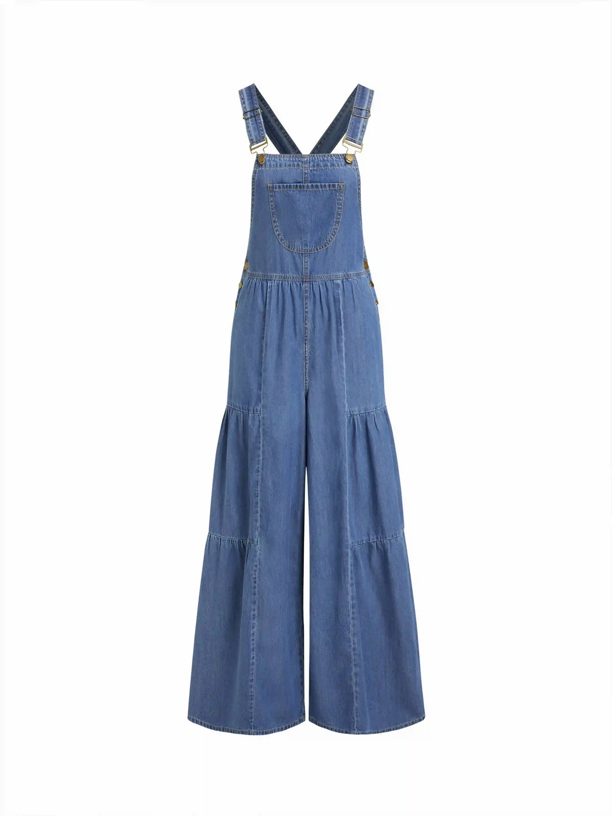 Washed Denim Wide Leg Overalls With Metal Detail