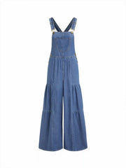 Washed Denim Wide Leg Overalls With Metal Detail