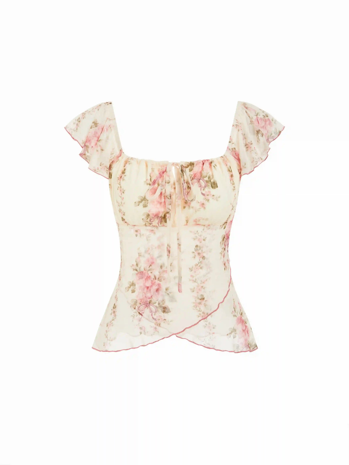 Chiffon Floral Square Neck Twist Knotted Ruffle Sleeve Crop Top