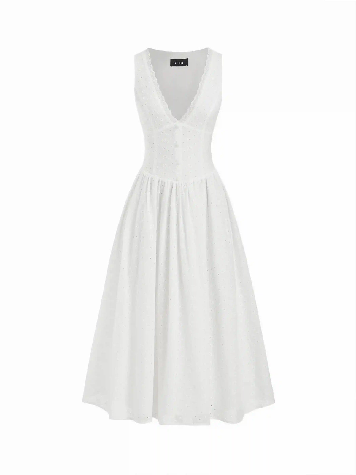 Cotton-blend Sculptural V-neck Broderie Anglaise Floral Lace Trim Button Midi Dress