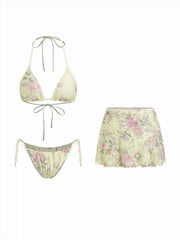 Floral Lace Halter Triangle 3 Piece Bikini Set With Mini Skirt