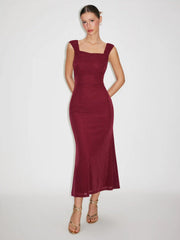 Square Neck Ruched Shimmer Mermaid Maxi Dress