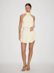 Stand Collar Sleeveless A-Line Mini Dress with Scarf