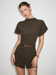 Stand Collar Romper With Belt