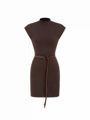 Knit Stand Collar Straight Mini Dress With Belt