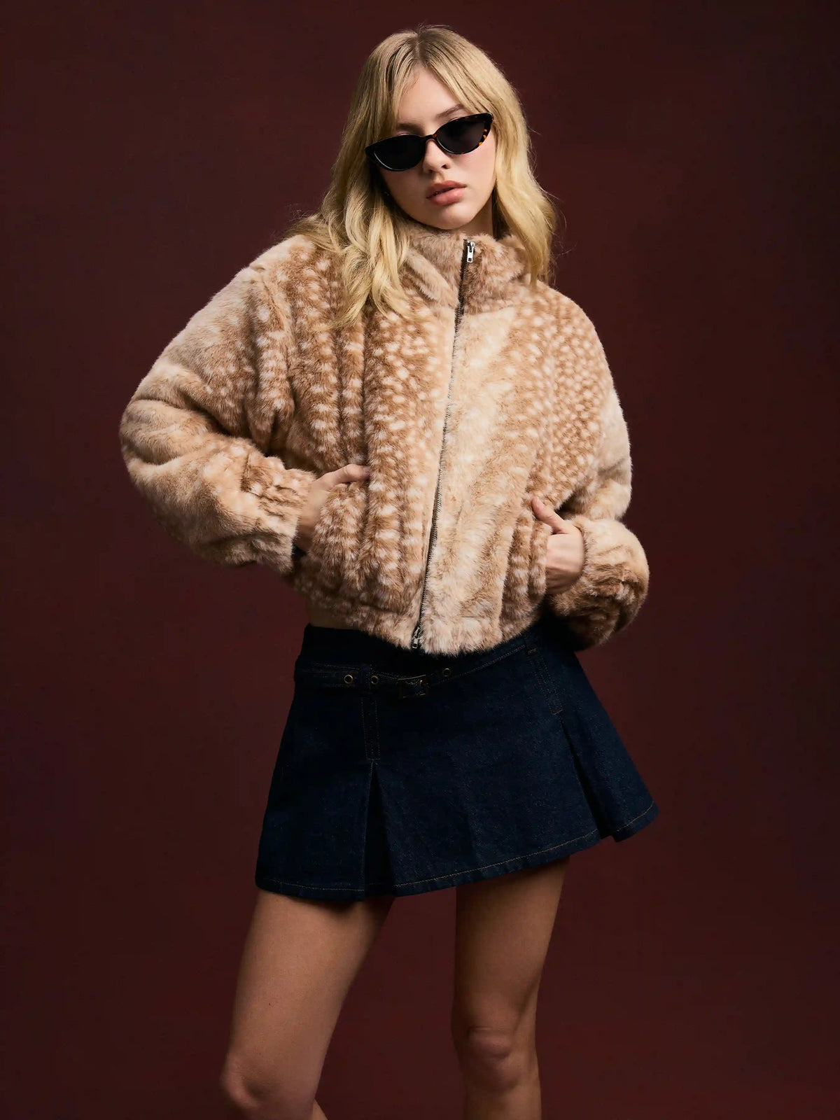 Faux Fur Deer Print High Neck Zip Through Jacket