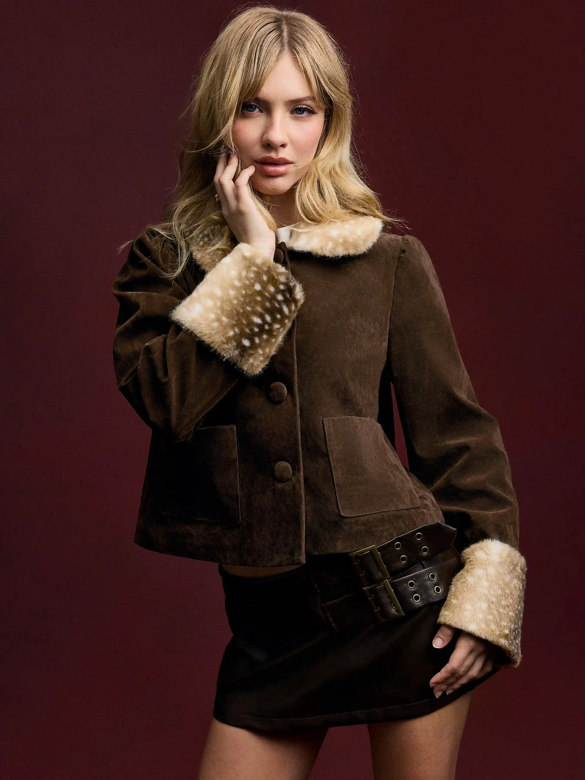 Suede Peter Pan Collar Jacket With Detachable Deer Faux Fur Collar And Cuffs