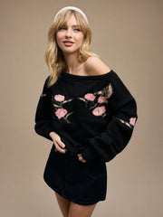 Knit Asymmetrical Neck Lantern Sleeve Floral Top