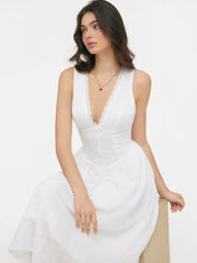 Cotton-blend Sculptural V-neck Broderie Anglaise Floral Lace Trim Button Midi Dress