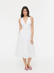 Cotton-blend Sculptural V-neck Broderie Anglaise Floral Lace Trim Button Midi Dress