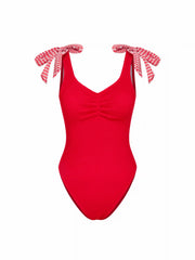 Shaping Red Bow Tie Textured One-piece Swimsuit