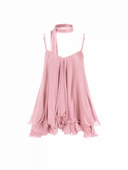 Sequin V-Neck Halter Ruffled Hem Oversized Mini Dress With Scarf