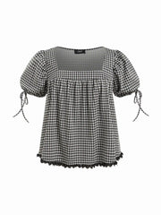 Gingham Square Neck Puff Sleeve Drawstring Blouse Curve & Plus