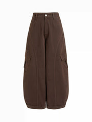 Cotton-blend Mid Rise Pocket Barrel-leg Trousers