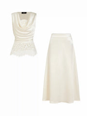 Satin Cowl Neck Lace Panel Top & Mid Rise Flared Maxi Skirt Set