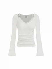 V-neck Bell Sleeve Lace Panel Long Sleeve Top