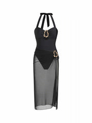 High Stretch Halter Neck One Piece Swimsuit With Gold Metal Detail