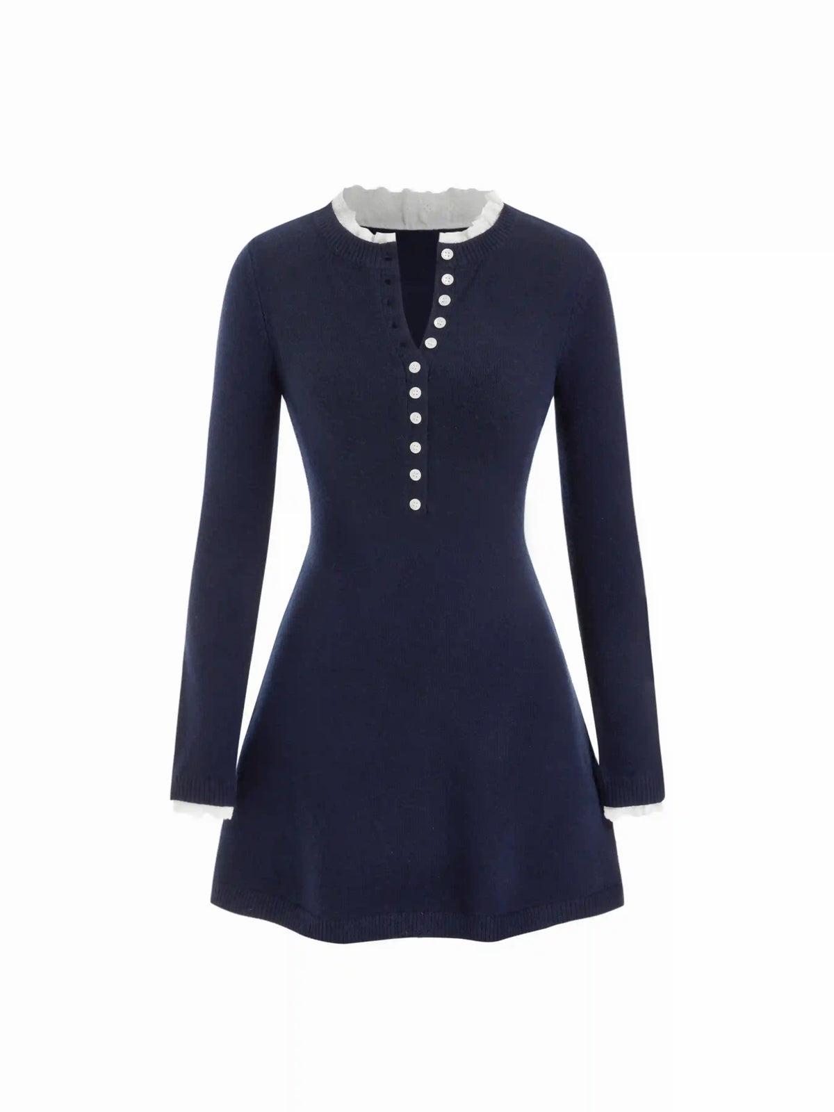 Knit Round Neck Lace Trim Button Front A-line Mini Dress