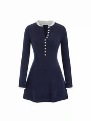 Knit Round Neck Lace Trim Button Front A-line Mini Dress