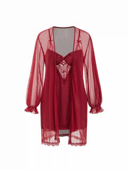 Lace V-Neck Lantern Sleeve Robe With Belt & Satin Sweetheart Mid Rise Bowknot Lingerie Set