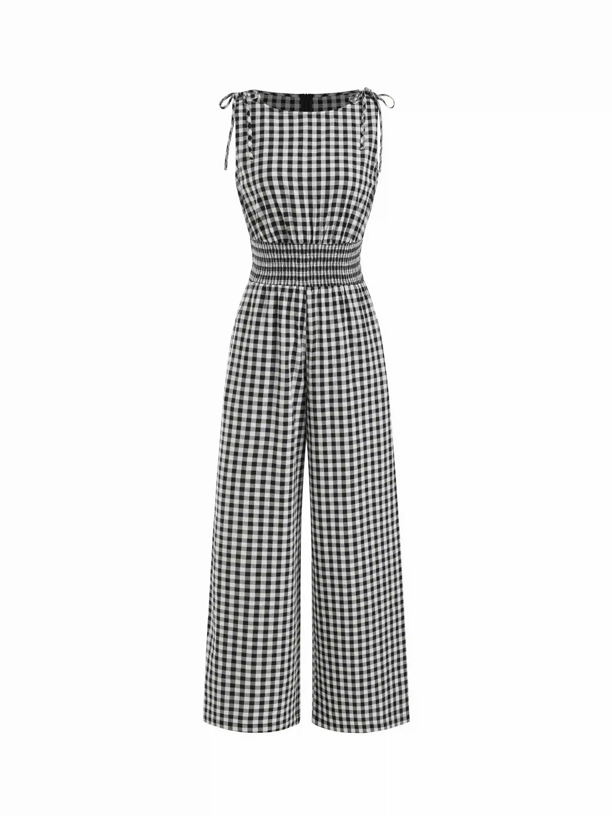 Cotton Gingham Boat Neck Drawstring Wide Leg Jumpsuit