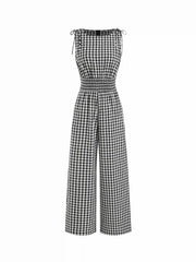 Cotton Gingham Boat Neck Drawstring Wide Leg Jumpsuit