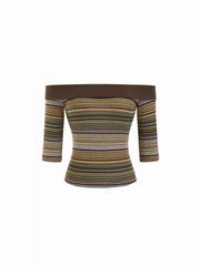 Striped Off-shoulder Mid-length Sleeve Top