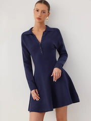 Knit Collar Button A-line Mini Dress