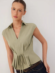 V-Neck Ruched Ruffled Tie Front Blouse